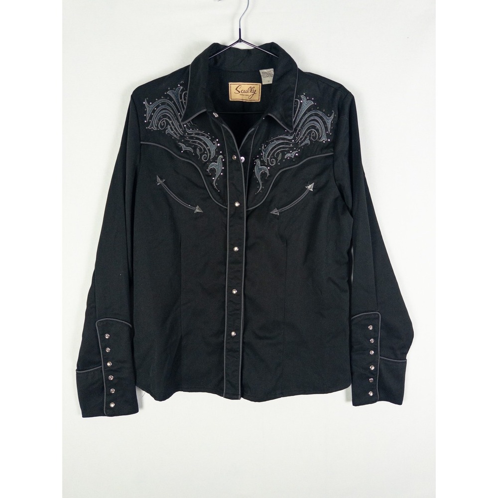 Scully Since 1906 Embroidered Rhinestone Western Snap Shirt Womens M Black Count